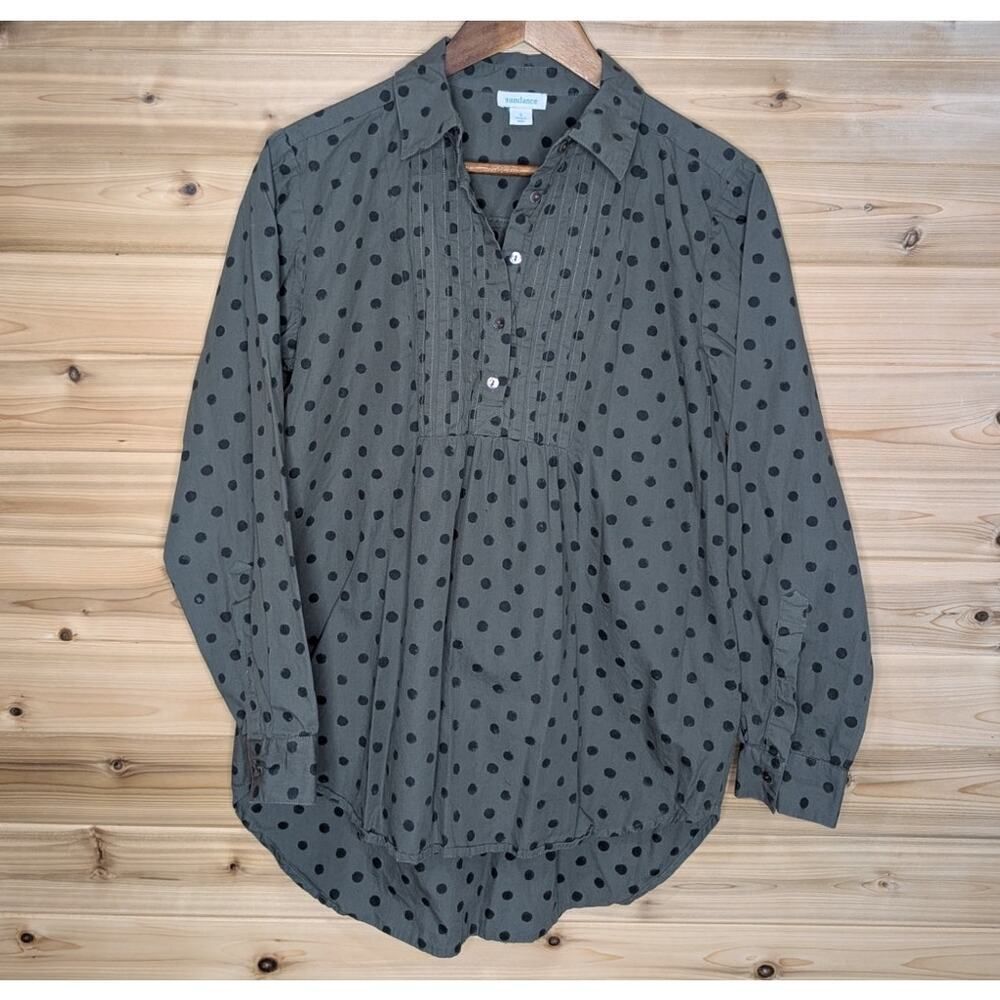 Sundance Top Womens Small Green Black Polka Dot Blouse